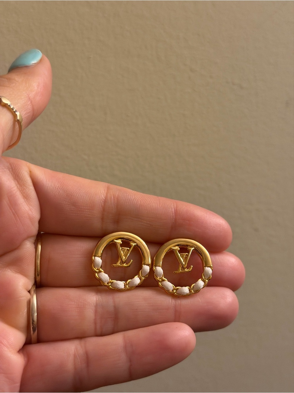 Louis Vuitton Gold and White Braided LV Circle Stud Earrings